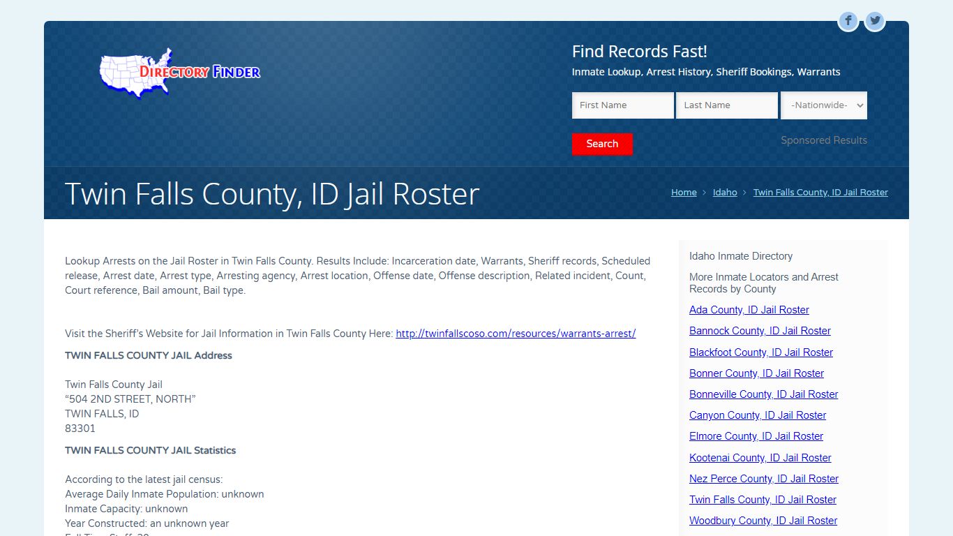 Twin Falls County, ID Jail Roster | People Lookup